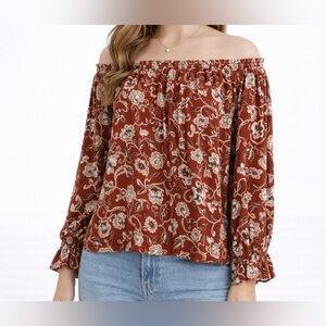 CeCe Women’s Off-Shoulder Floral Peasant Blouse – Orange & Cream Boho Top